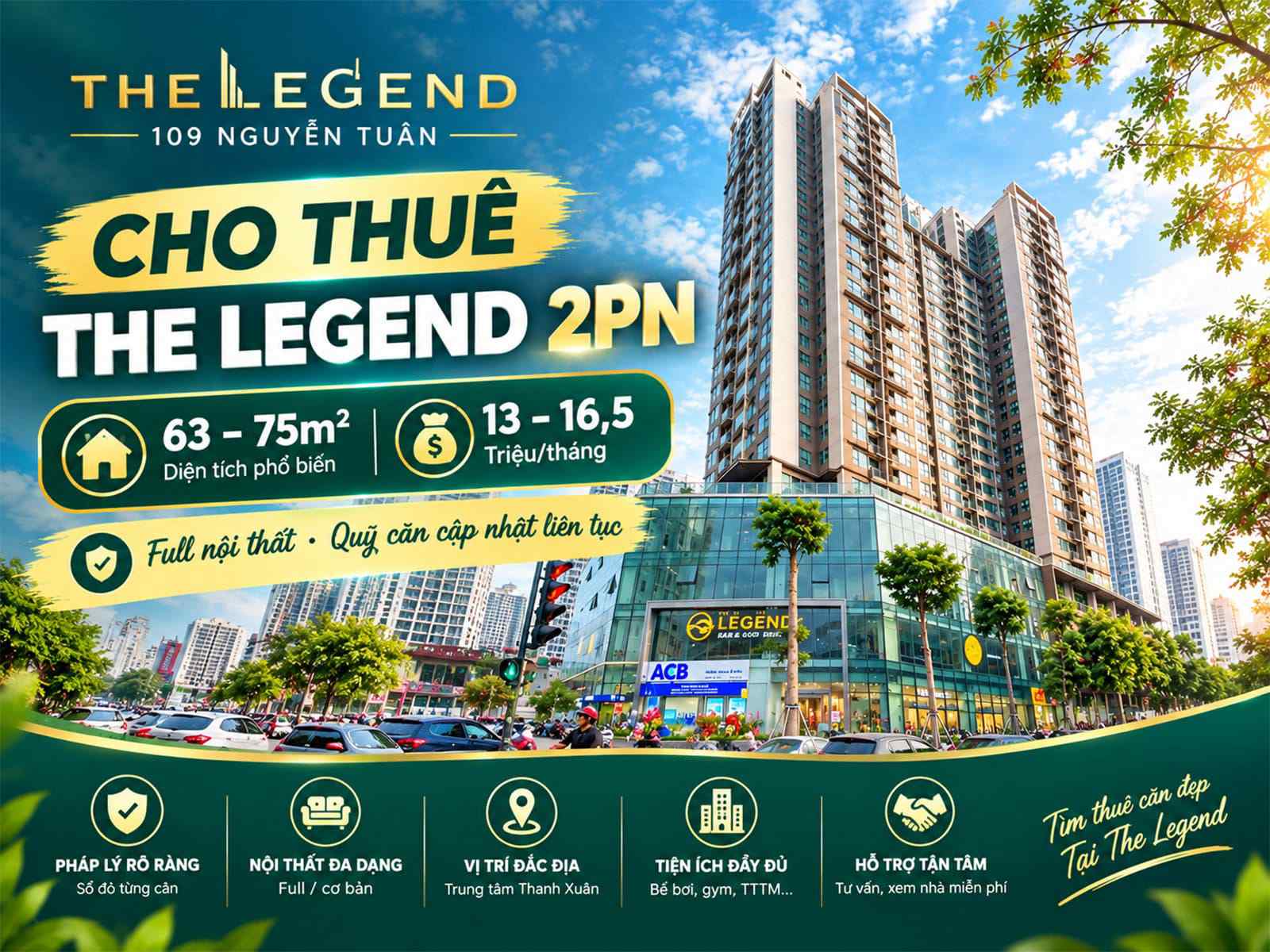 Cho thuê The Legend 2 phòng ngủ, giá thuê cập nhật 10/2026
