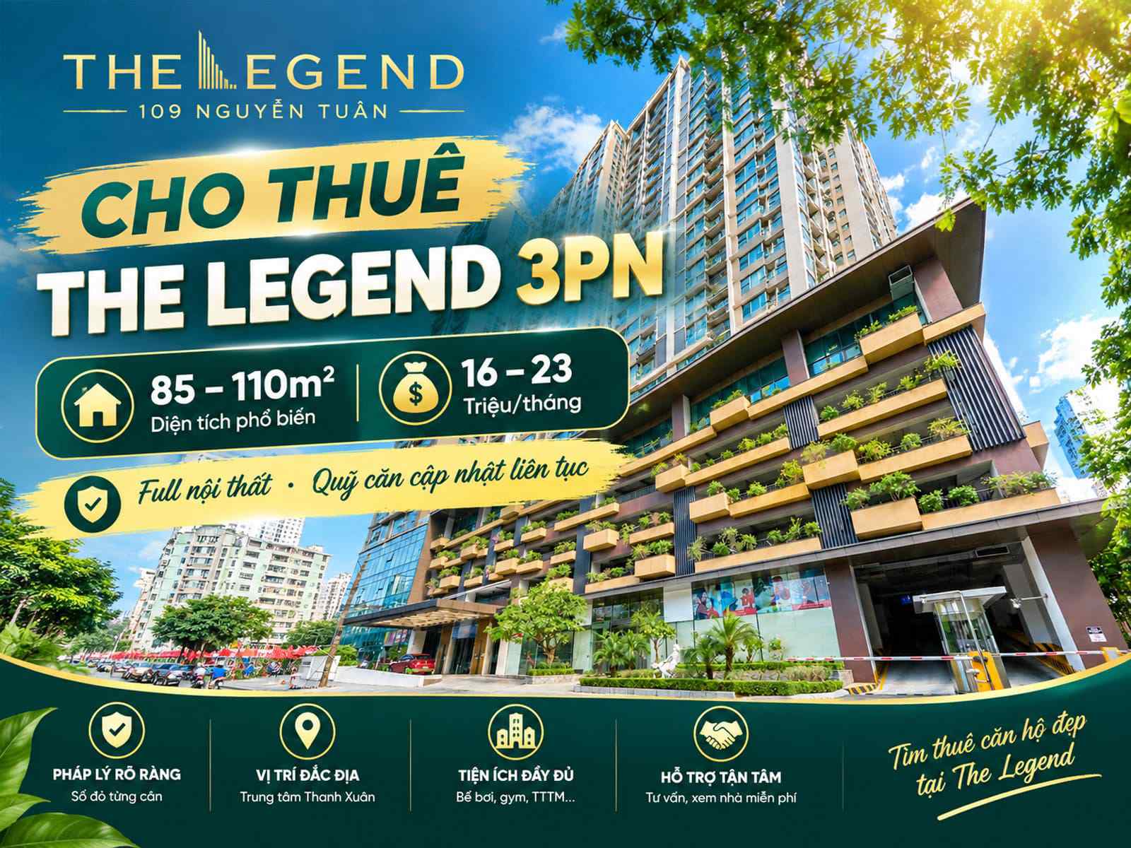 Cho thuê The Legend 3 phòng ngủ, giá cho thuê cập nhật 10/2026